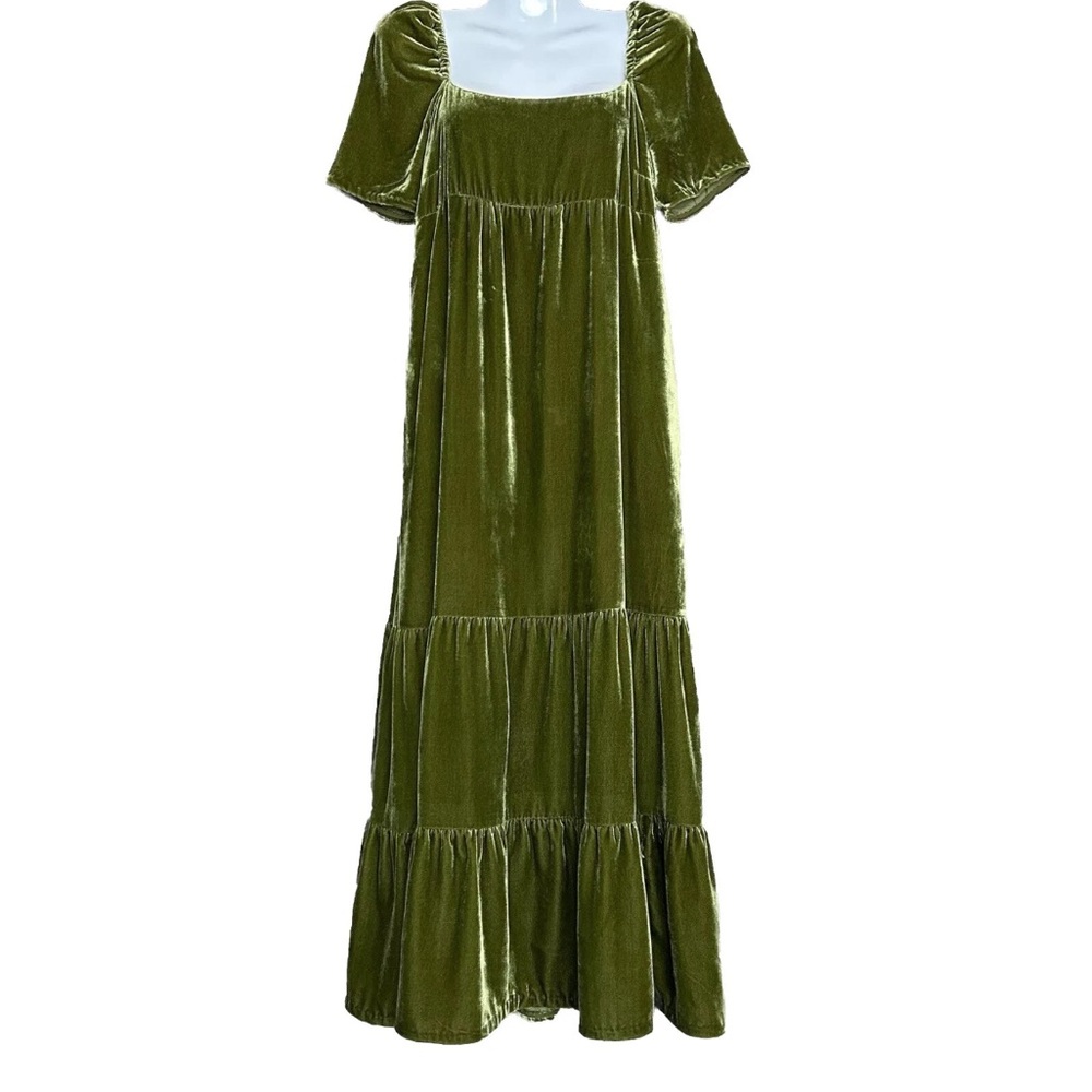Anthropologie Velvet Empire Waist Dress Sz 4 Moss Midi Milkmaid Fairy Whimsical